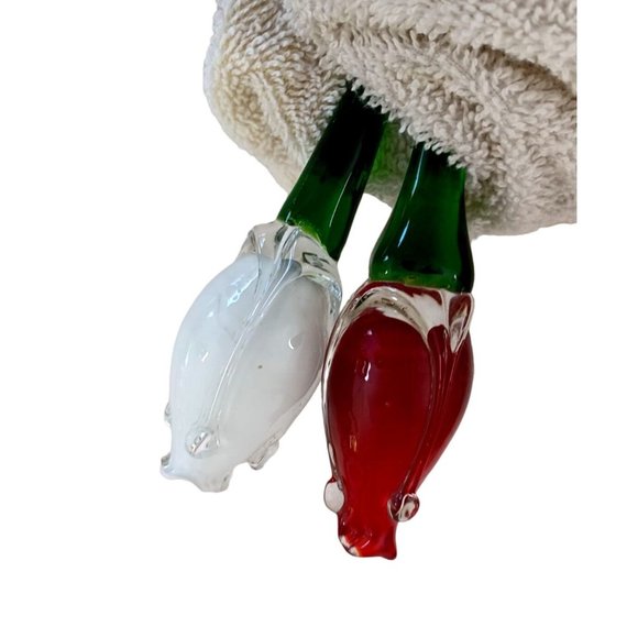 Set of 2 Vintage 8" Hand Blown Glass Rose Buds Red White Studio Art - Picture 5 of 6